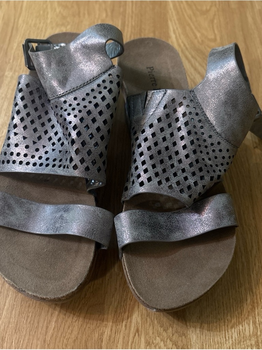 Pierre Dumas Metallic Gray Laser-Cut Slingback Sandals